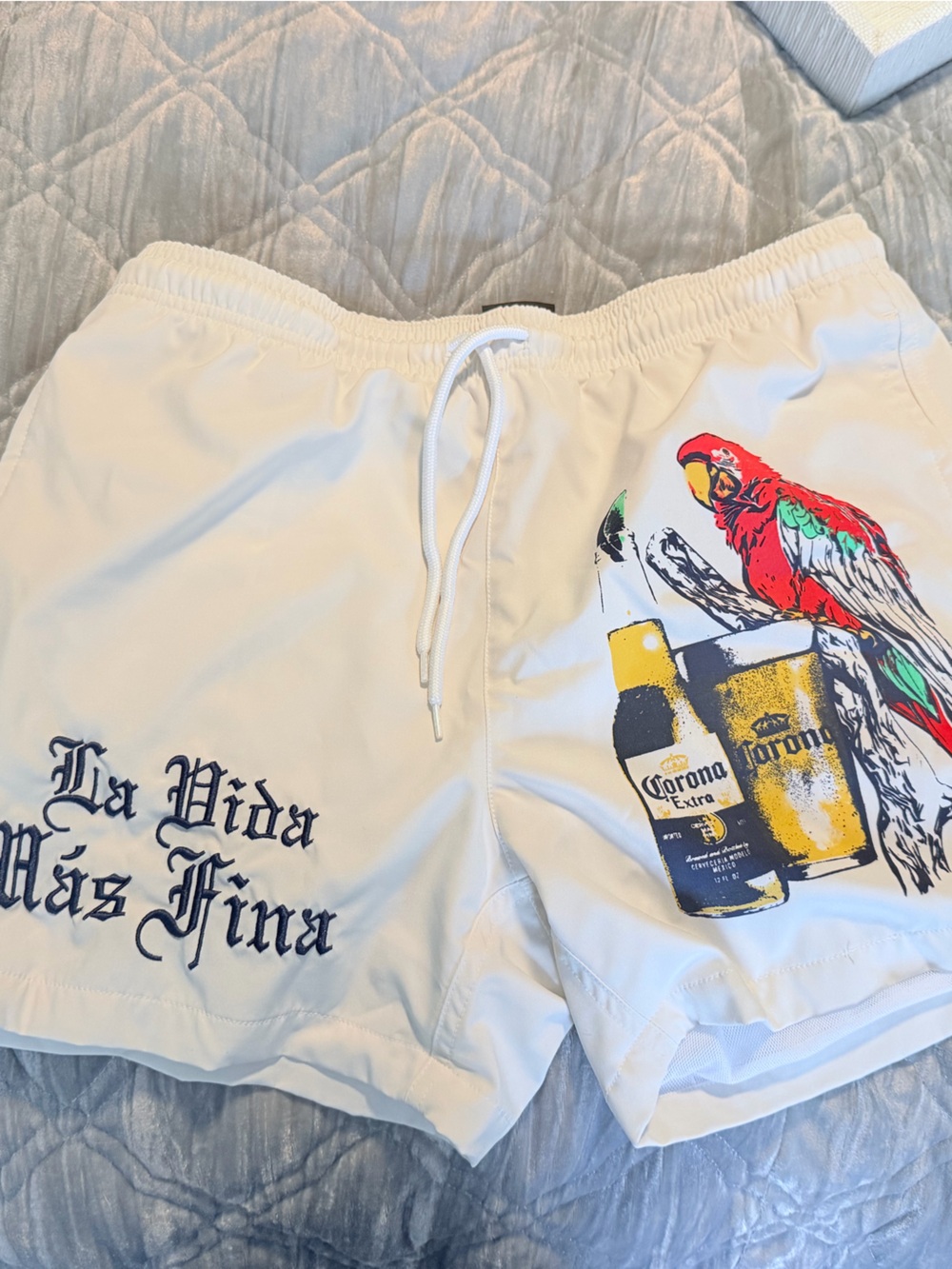 Corona White Men’s Beach Shorts with Parrot & Beer Graphic